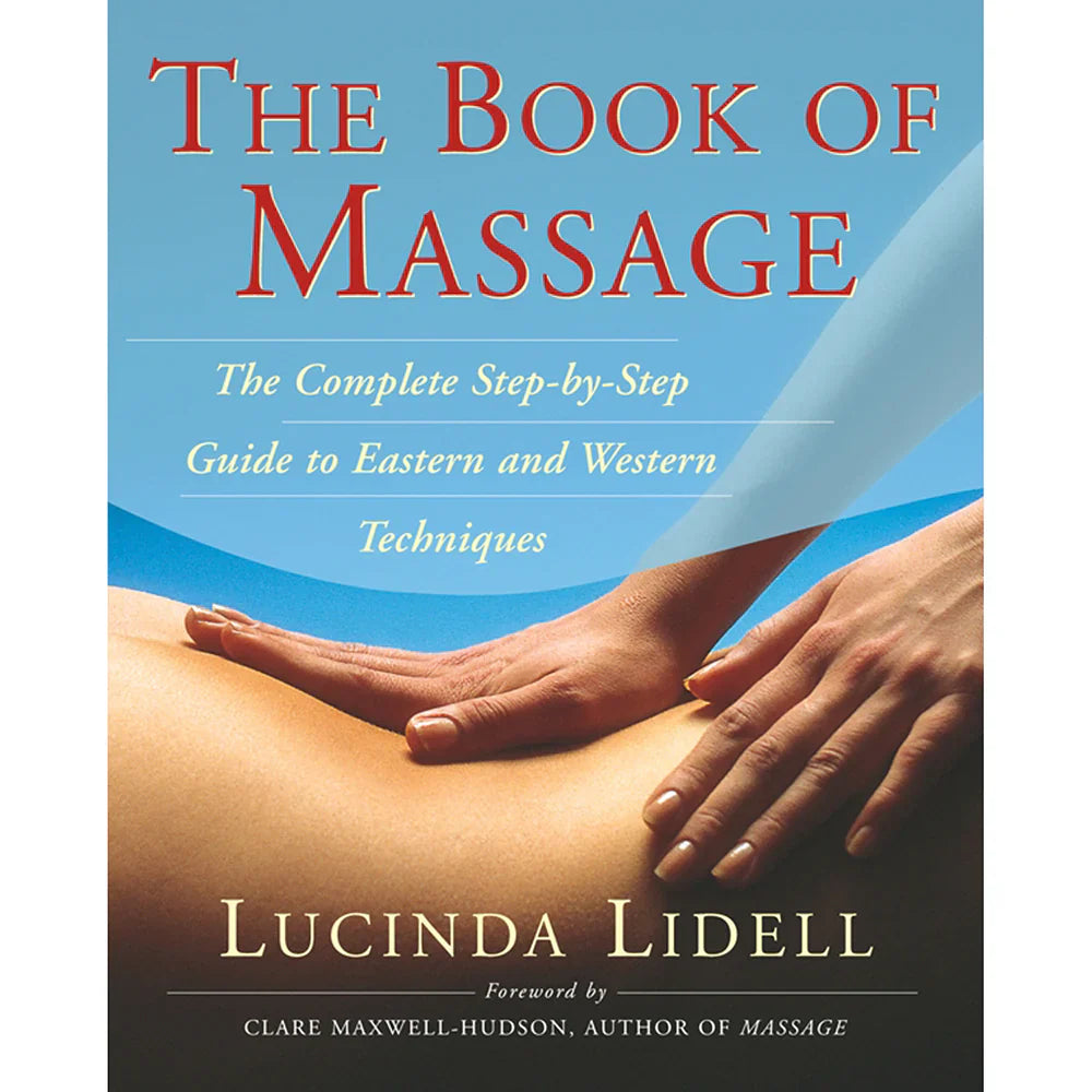 Massage instruction book with blue cover, hands illustration, Lucinda Lidell title