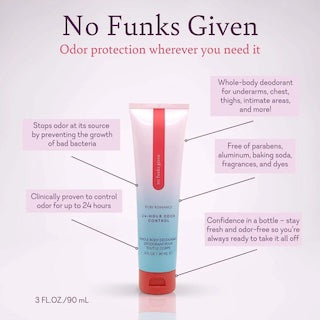 Whole-body deodorant tube, blue and red with usage text on front