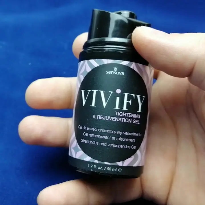 Vivify tightening gel bottle held in hand, black cap and label