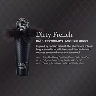 Perfume bottle with dark label, clear cap, and black tulle ruffle bow