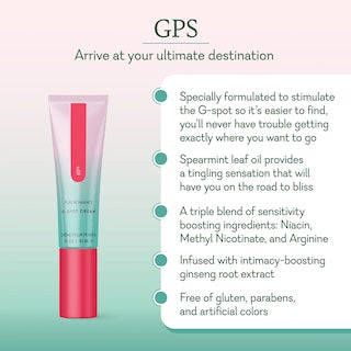 GPS G-spot cream tube, front view with teal accents and red label