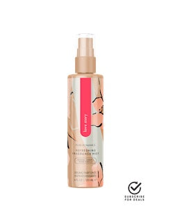Peach pink fragrance mist spray bottle with pump top and label