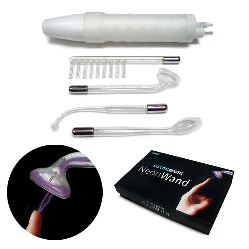 Neon wand kit with clear wand, metal tips, and silicone suction attachment