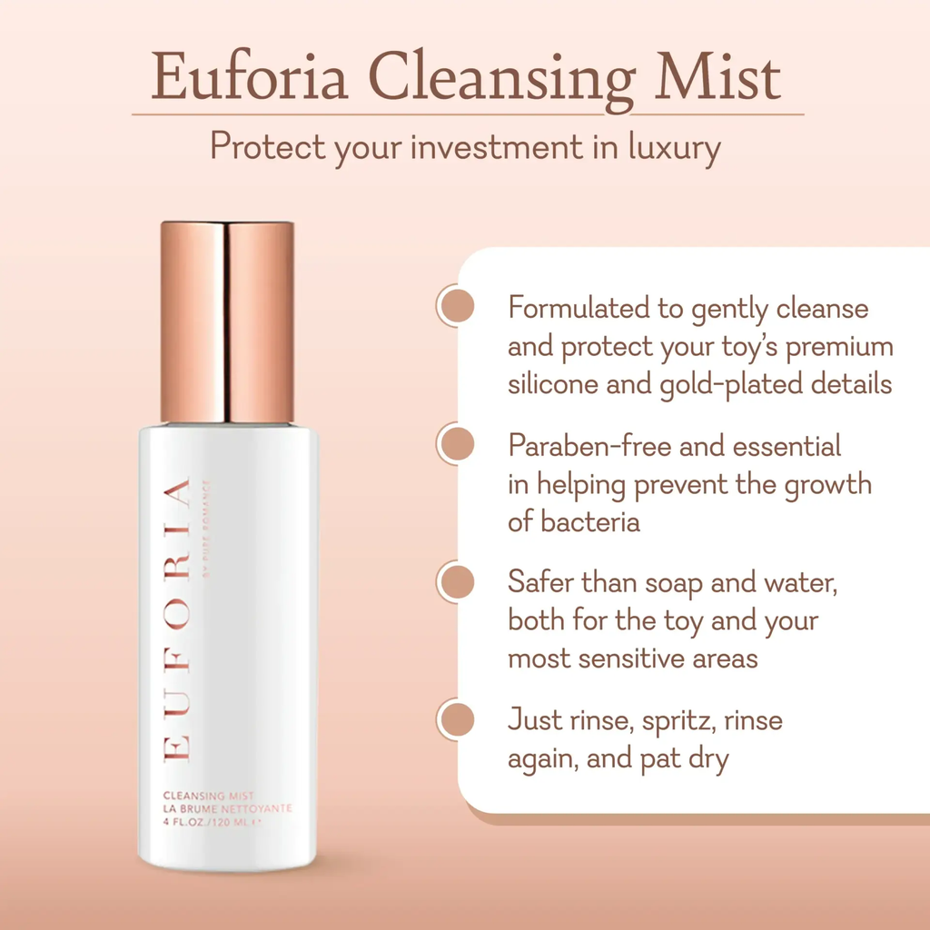 Euforia cleansing mist bottle with rose-gold cap and detailed front label