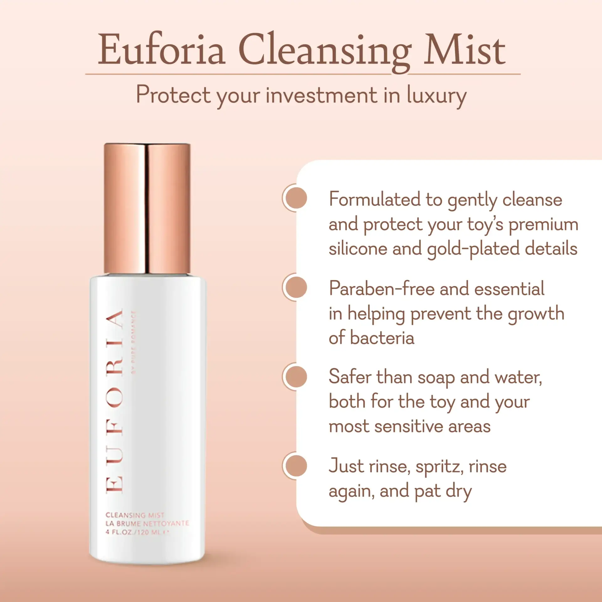Euforia cleansing mist bottle with rose-gold cap and detailed front label