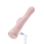 Pink silicone vibrator with control buttons and charging cable attached