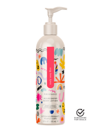 Nourishing body lotion bottle with white pump and playful rainbow pattern