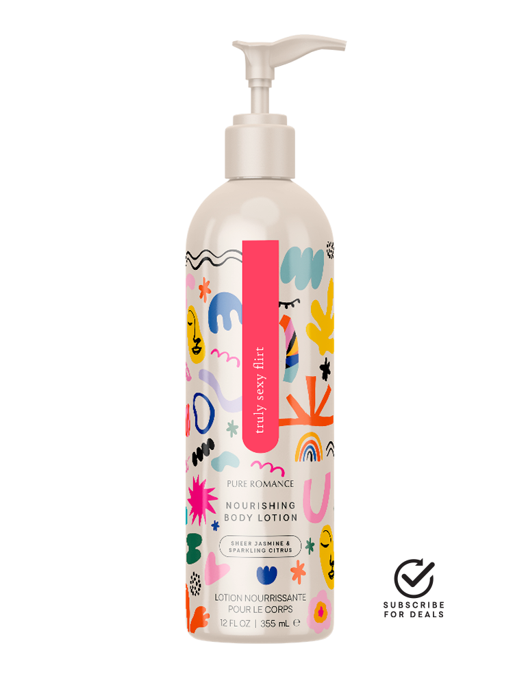 Nourishing body lotion bottle with white pump and playful rainbow pattern