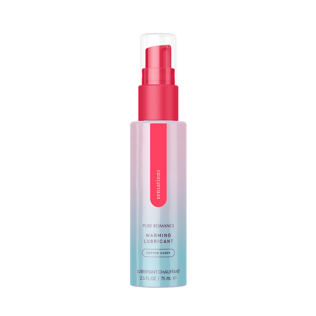 Warming lubricant bottle, pink cotton candy scent, spray pump and flip-top cap