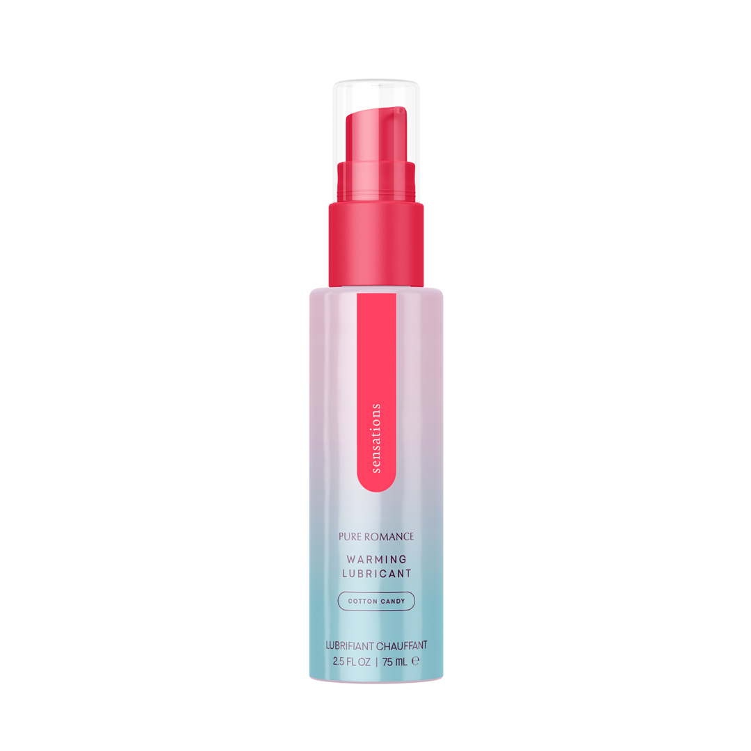 Warming lubricant bottle, pink cotton candy scent, spray pump and flip-top cap