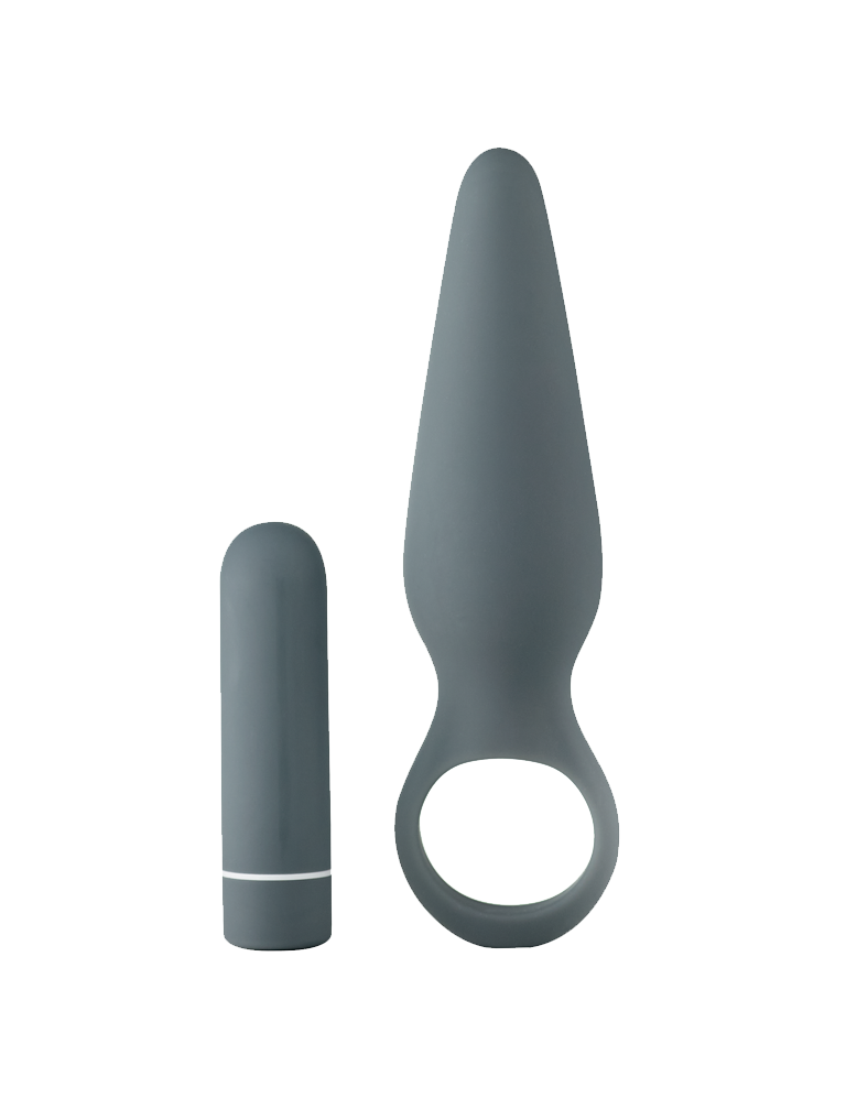 Two gray silicone anal plugs, one with ring handle and one compact plug