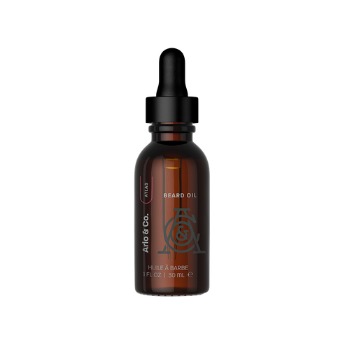 Atlas beard oil bottle with black dropper and amber glass