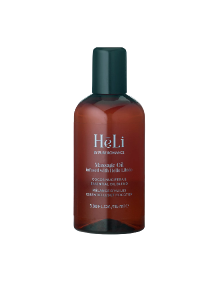 HeLi massage oil bottle with dark cap, amber label with Hello Libido text