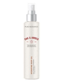 Hydrating body oil bottle with silver pump, white bottle, Oak and Amber label.