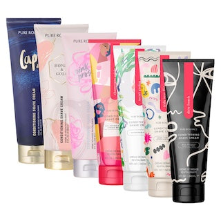 Set of conditioning shave cream tubes in assorted colors and designs