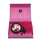 Body powder gift set box with round tin and pink feather accent
