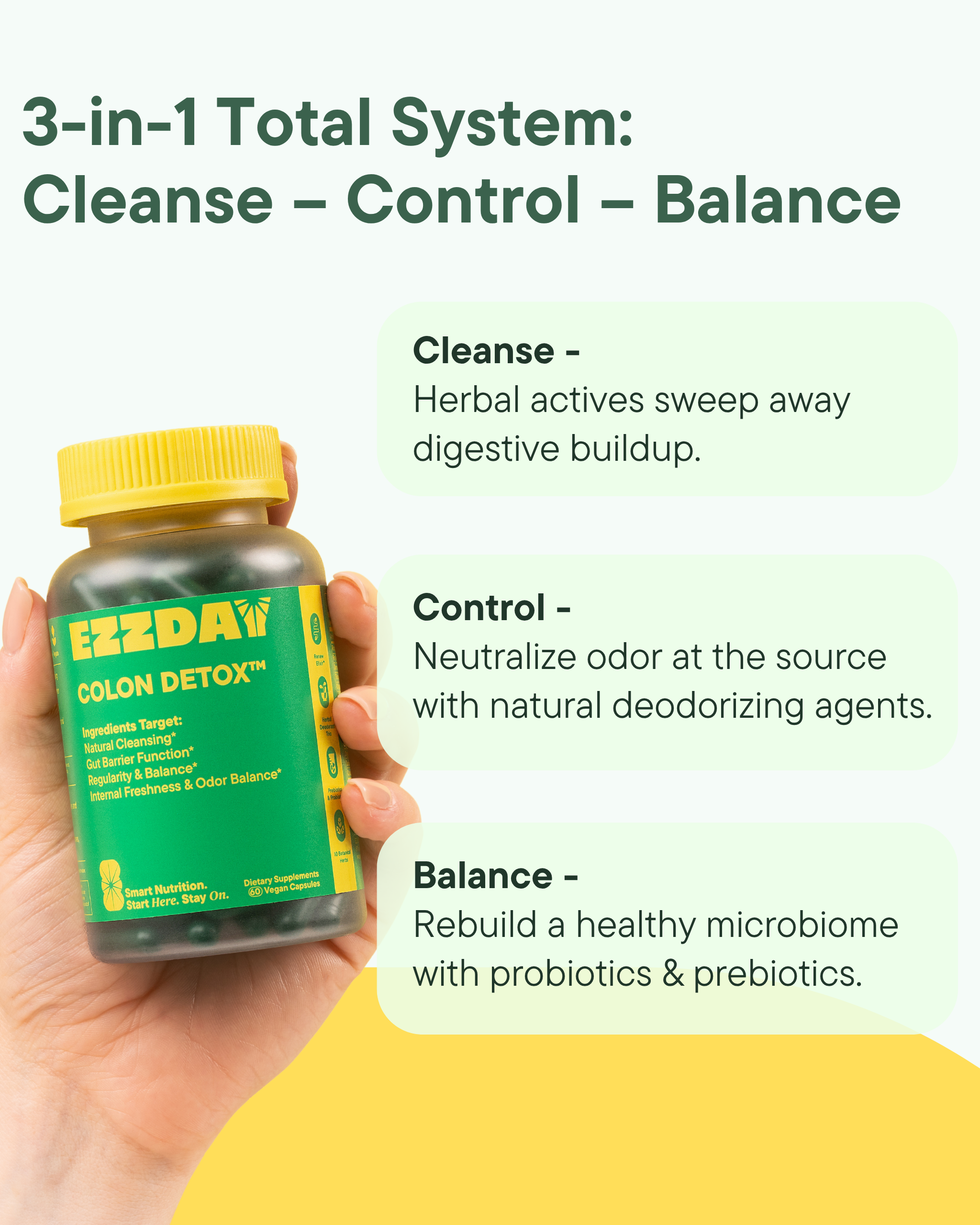 Hand holding EZZDAY colon detox bottle with yellow cap beside 3-in-1 cleanse control balance