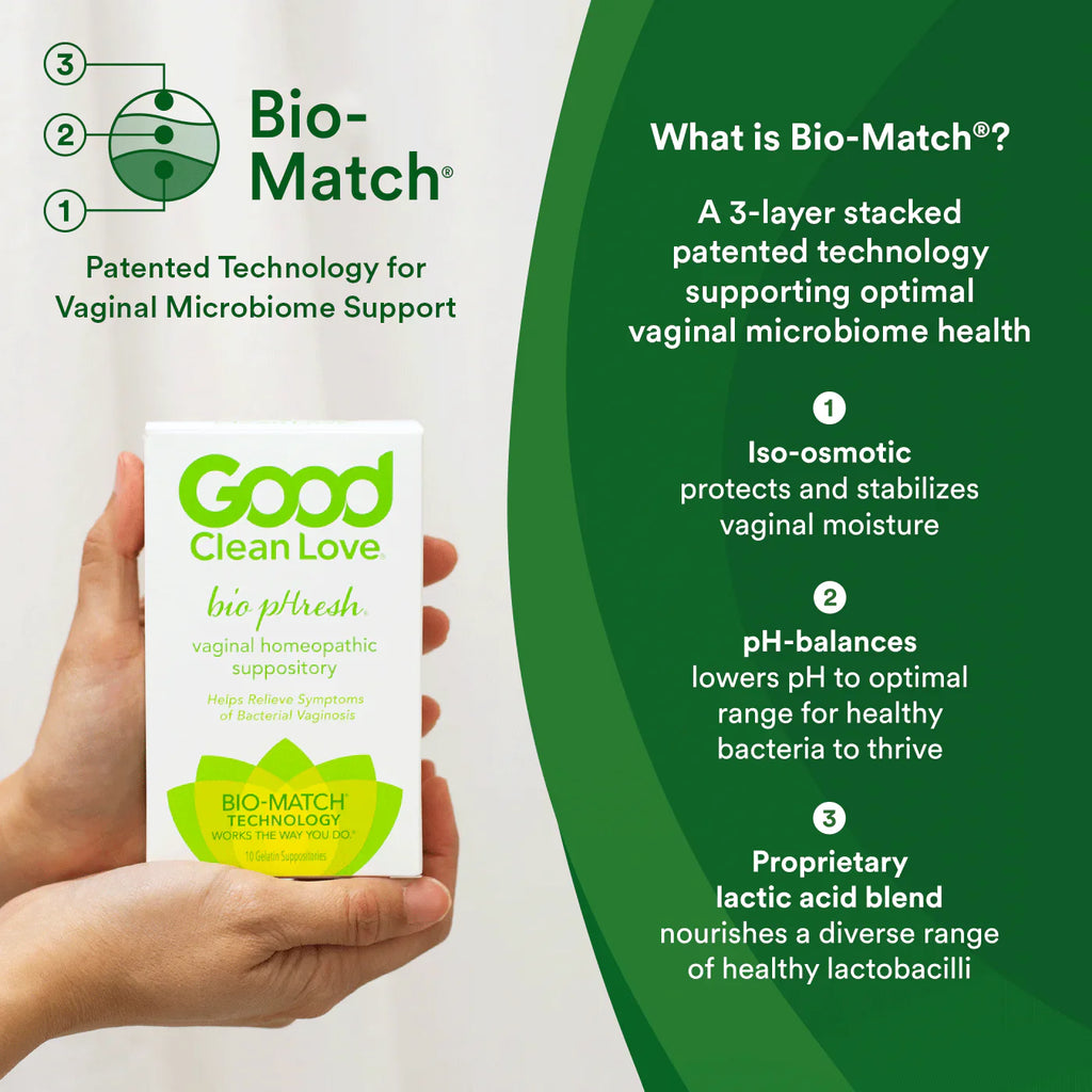 Hand holding Good Clean Love bio pHresh vaginal suppository box with Bio-Match graphic