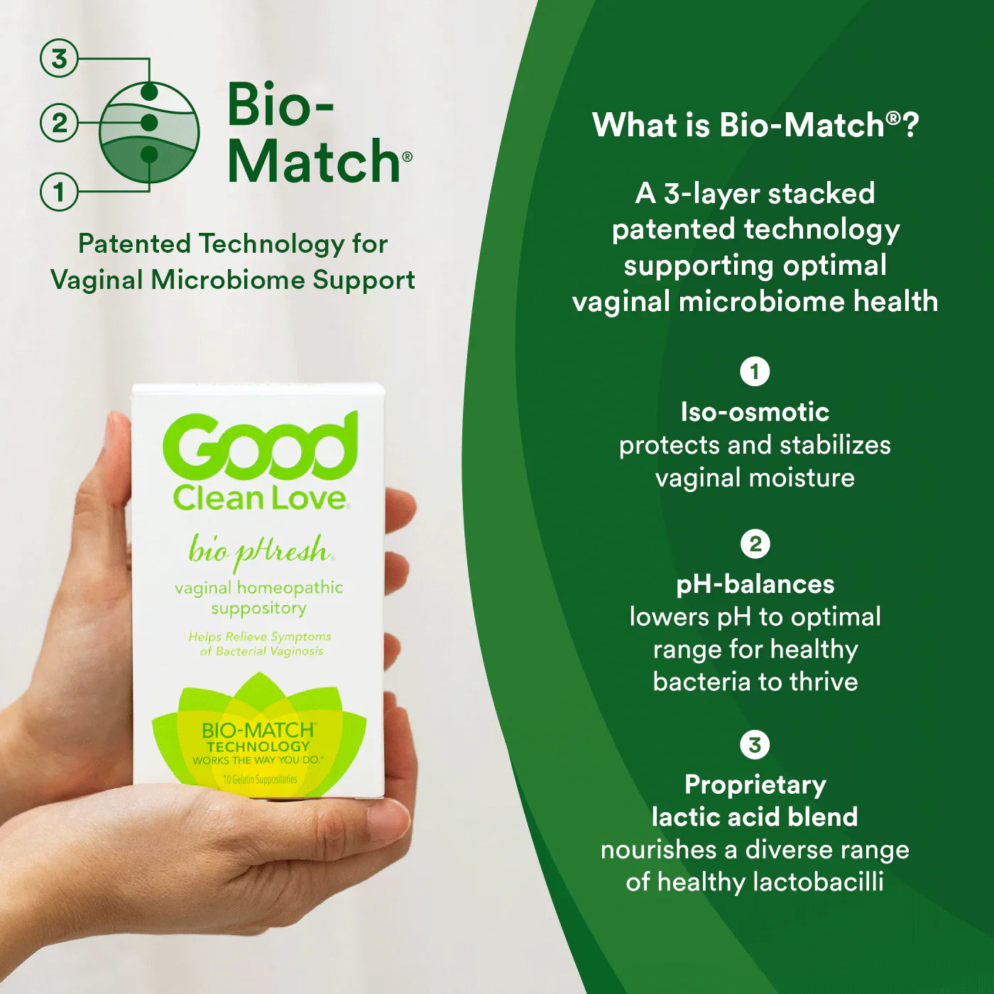 Hand holding Good Clean Love bio pHresh vaginal suppository box with Bio-Match graphic