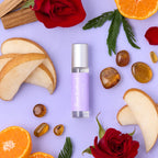 Pheromone roll-on bottle with silver cap and purple label