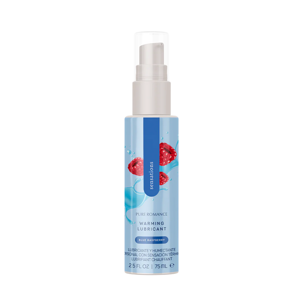 Warming lubricant bottle, blue raspberry scent, spray pump with white flip-top cap