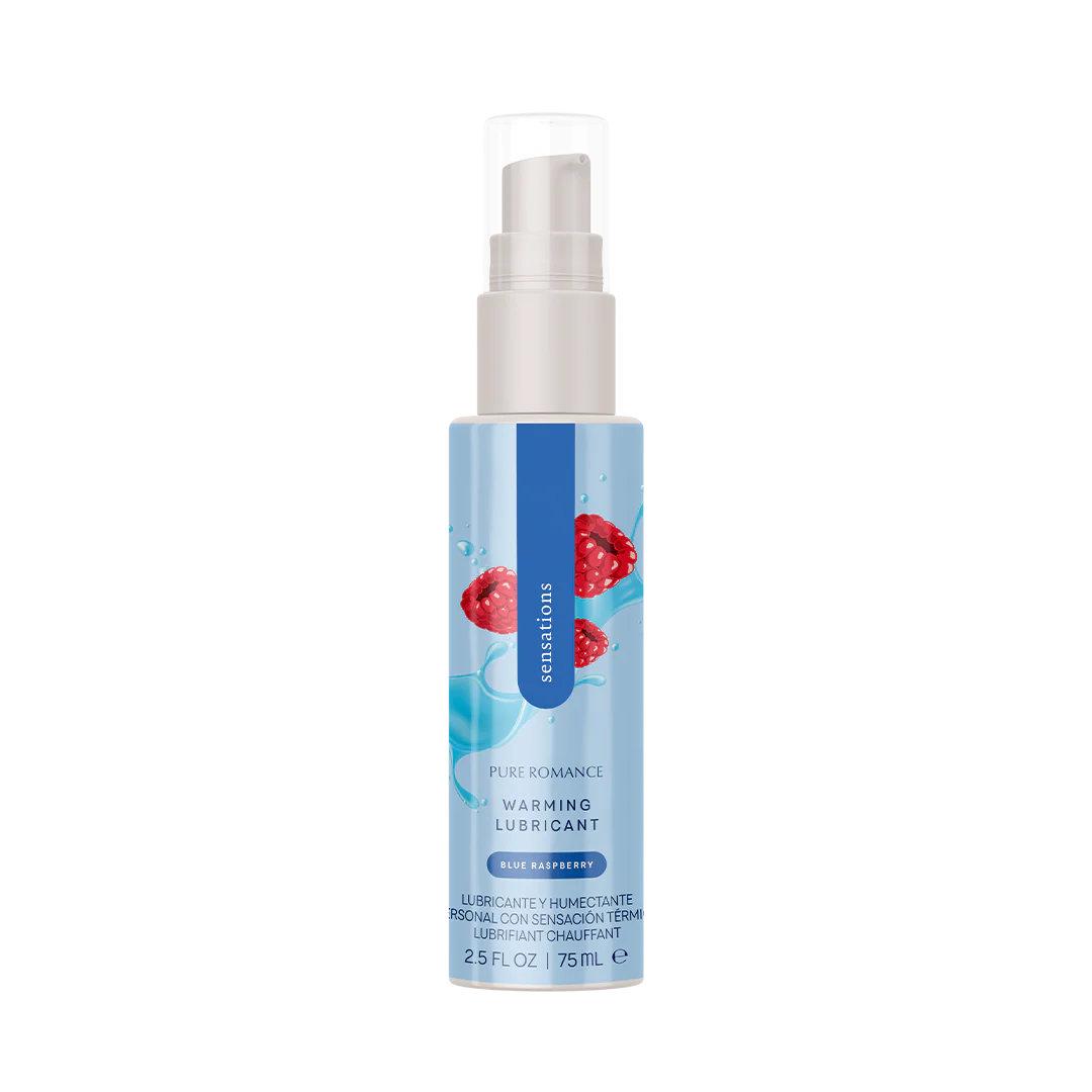 Warming lubricant bottle, blue raspberry scent, spray pump with white flip-top cap