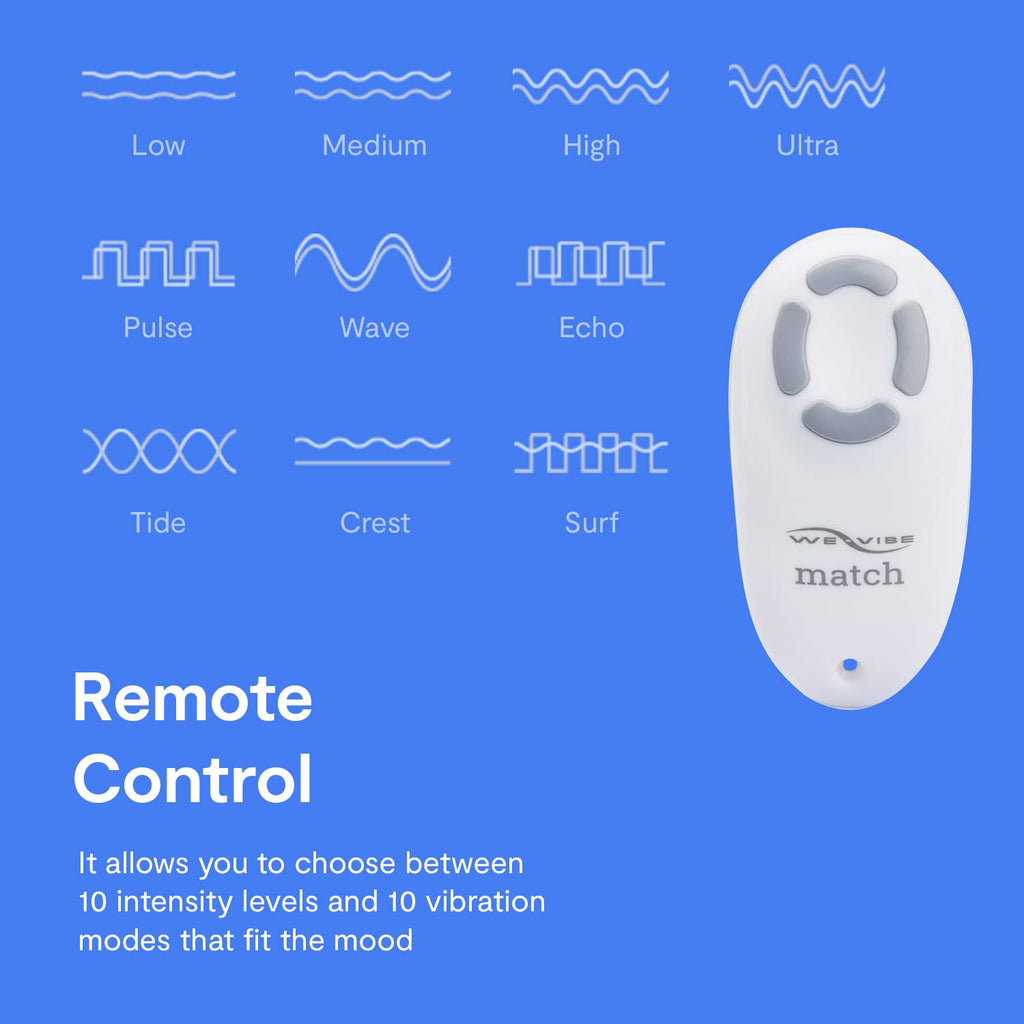 White remote control with vibration mode icons and blue indicator light