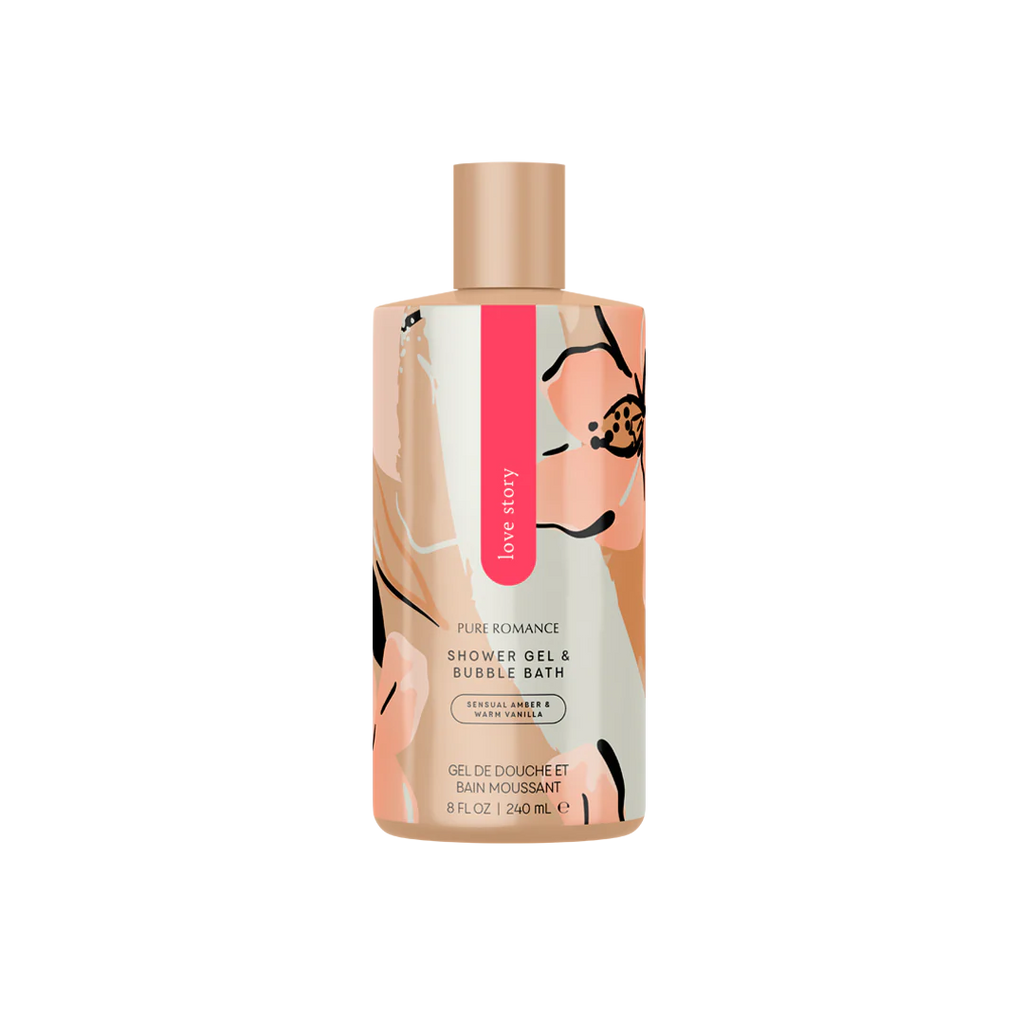 Skinny Dip shower gel & bubble bath bottle with beige cap and peach nude illustration