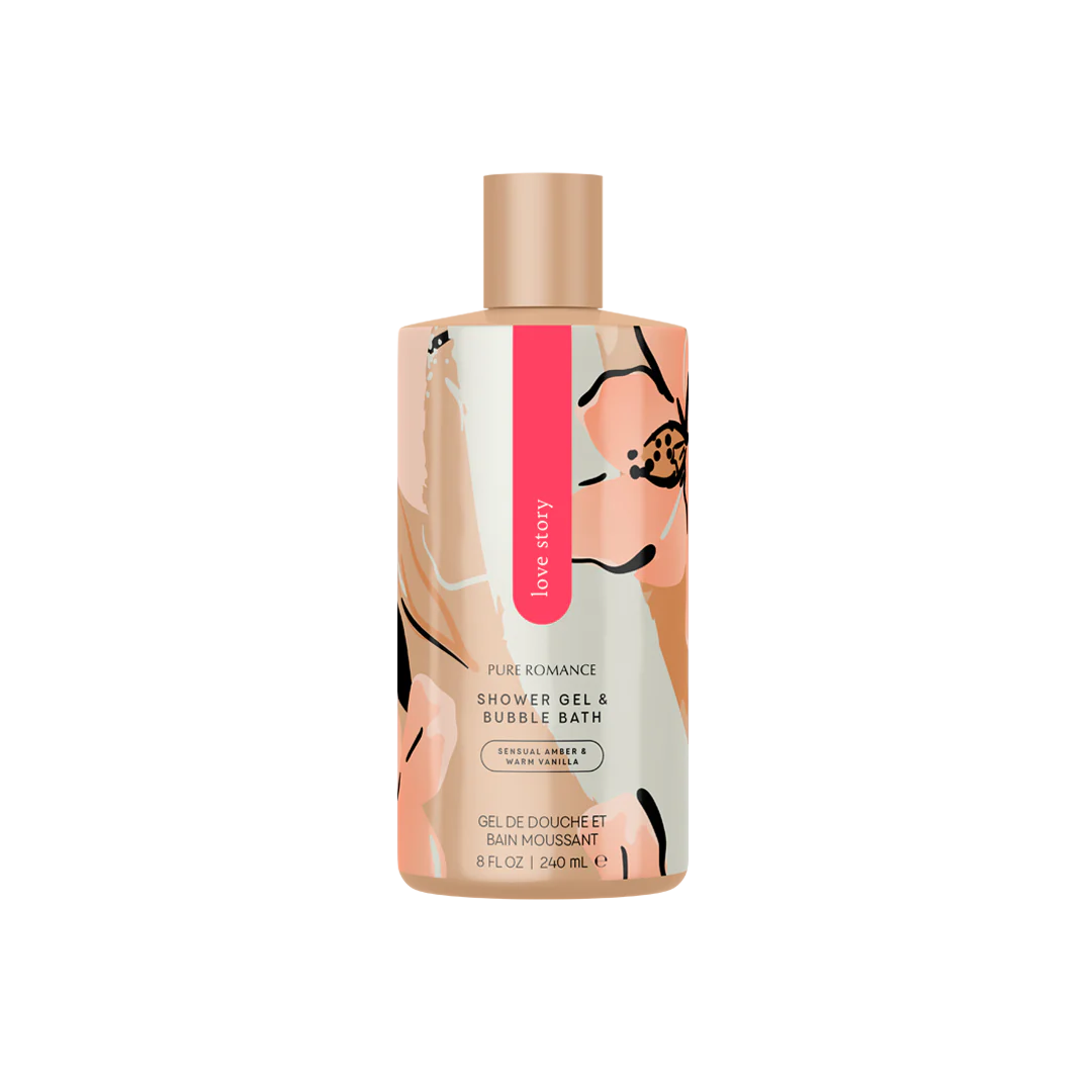 Skinny Dip shower gel & bubble bath bottle with beige cap and peach nude illustration