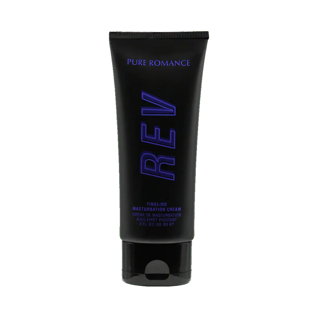 Black tingling sexual cream tube with blue REv logo and flip-top cap