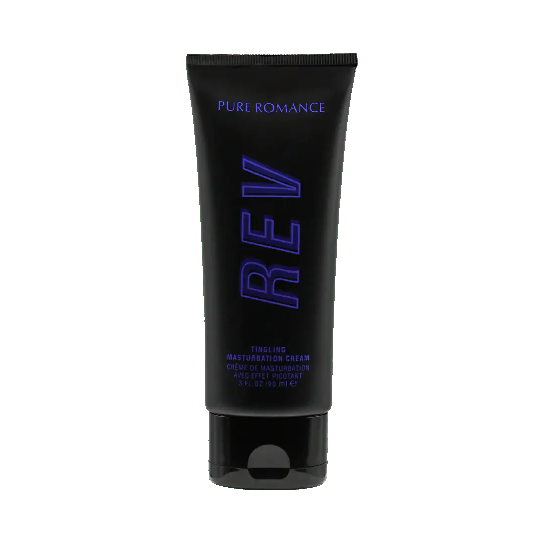 Black tingling sexual cream tube with blue REv logo and flip-top cap