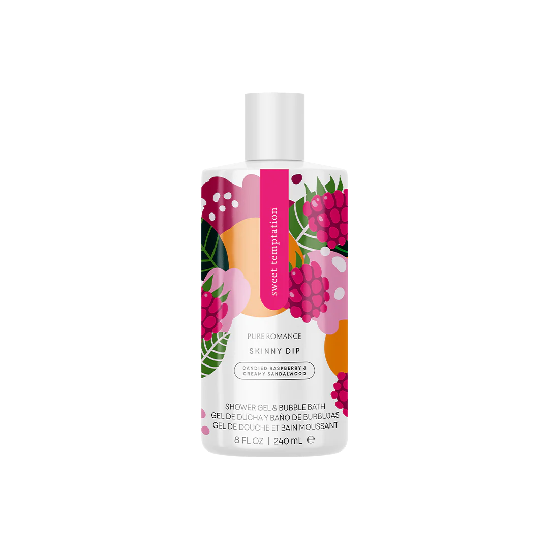 Skinny Dip shower gel & bubble bath bottle with berry pink and green leaf print