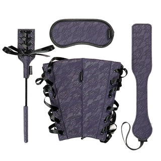 Bondage accessory set: purple patterned blindfold, wrist cuffs, and adjustable strap