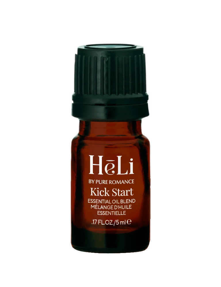HeLi essential oil blend bottle with dark green ribbed cap, amber glass