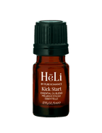HeLi essential oil blend bottle with dark green ribbed cap, amber glass