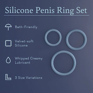 Blue silicone penis ring set with three circular rings, different sizes