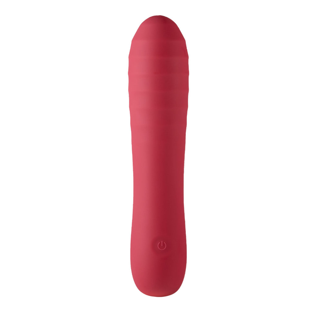 Berry-pink silicone wand massager with rounded tip and small control button