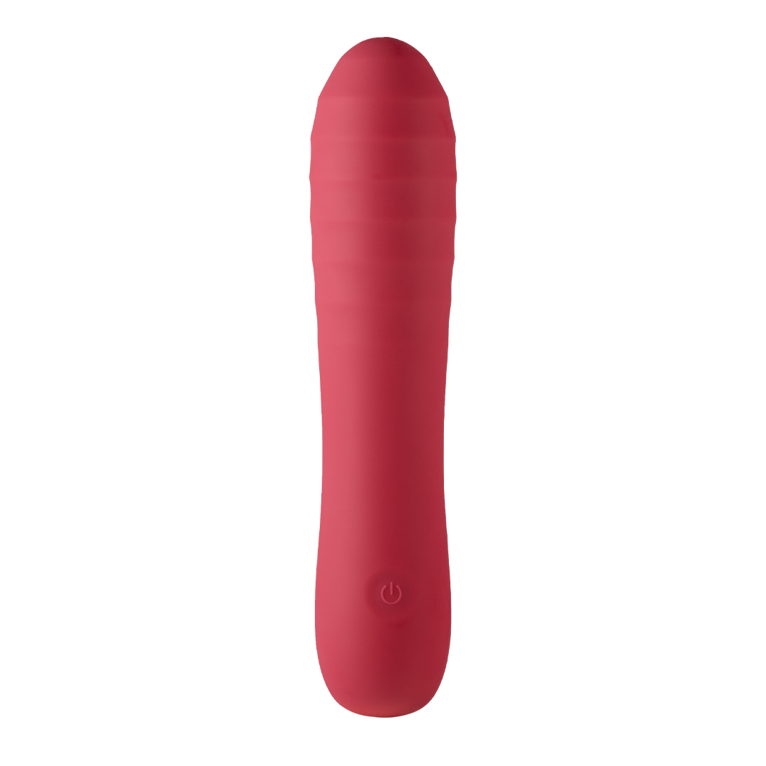 Berry-pink silicone wand massager with rounded tip and small control button