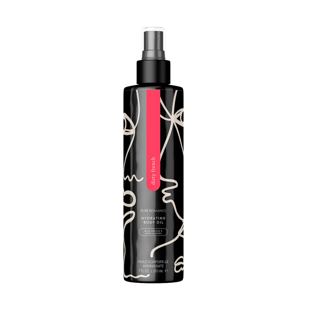 Hydrating body oil bottle with silver pump, black bottle, red accent label.