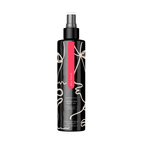 Hydrating body oil bottle with silver pump, black bottle, red accent label.