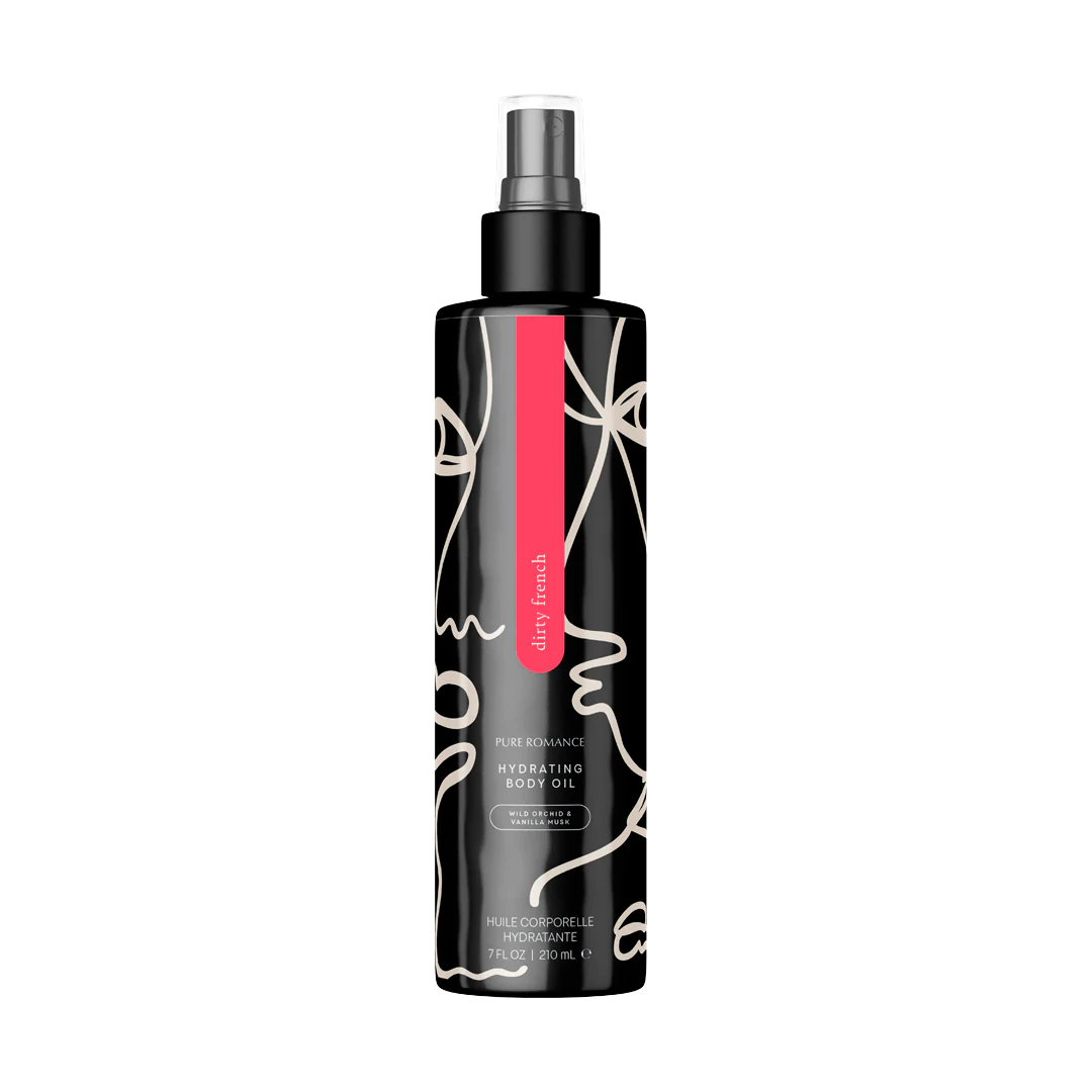 Hydrating body oil bottle with silver pump, black bottle, red accent label.