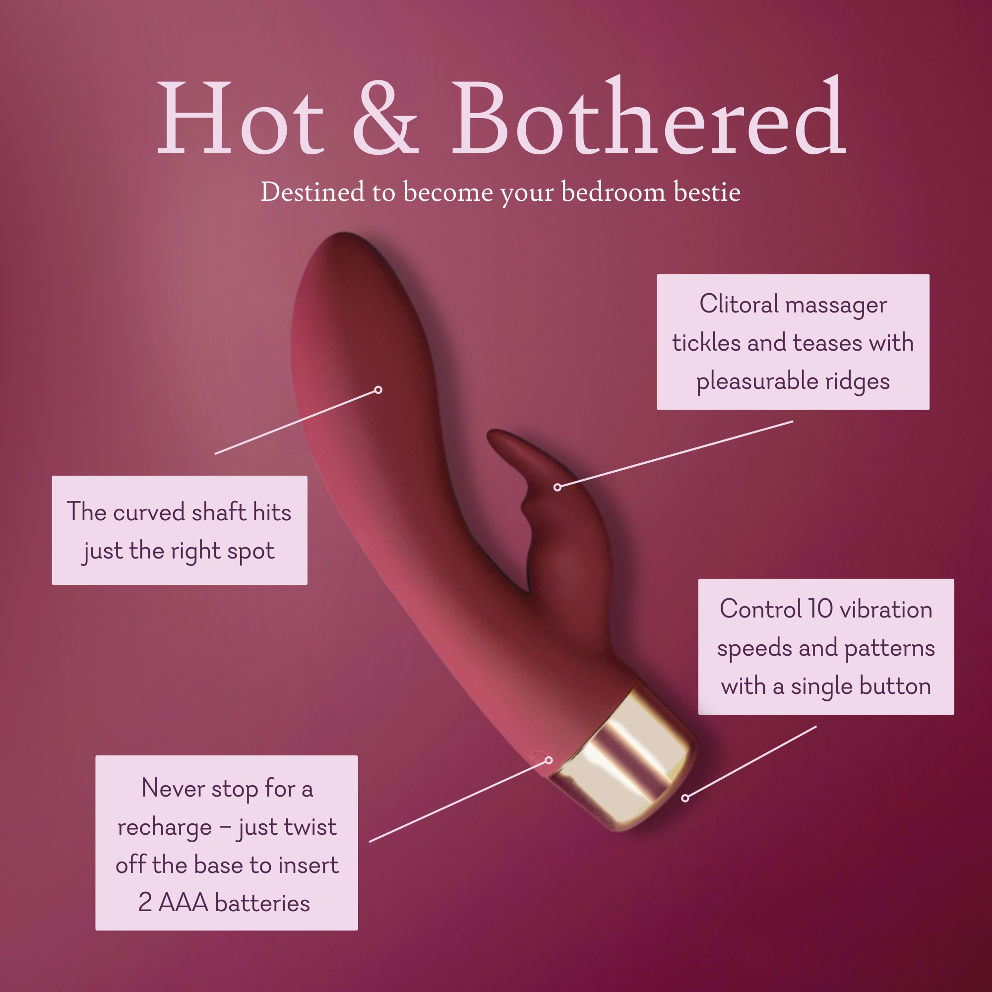 Pink silicone clitoral massager with curved dual head and gold-tone base