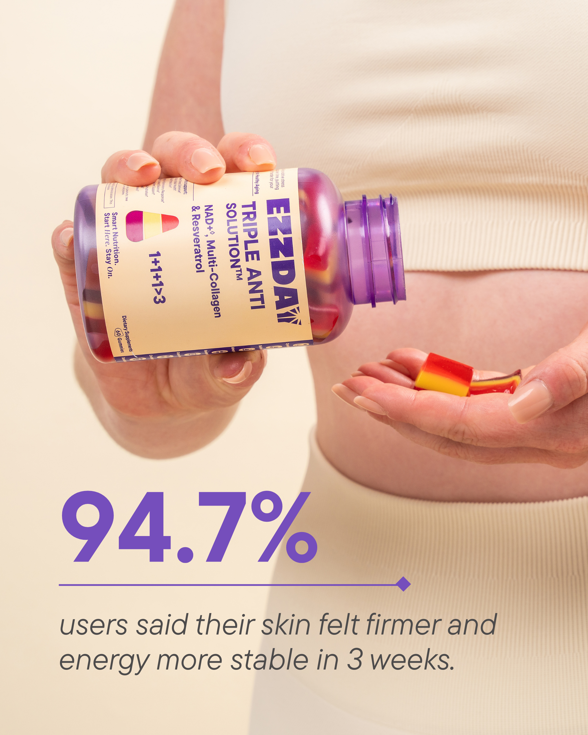 Person holding anti-aging gummy bottle and gummy pieces