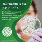 Vaginal suppositories marketing graphic with BiopHresh® green text and seal imagery
