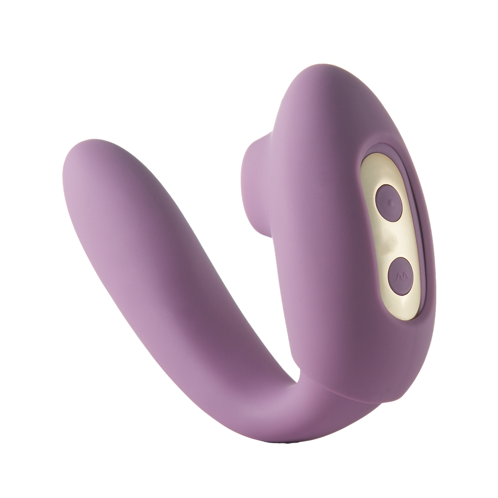 Purple curved silicone massager with oval control buttons, U-shaped design