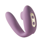 Purple curved silicone massager with oval control buttons, U-shaped design