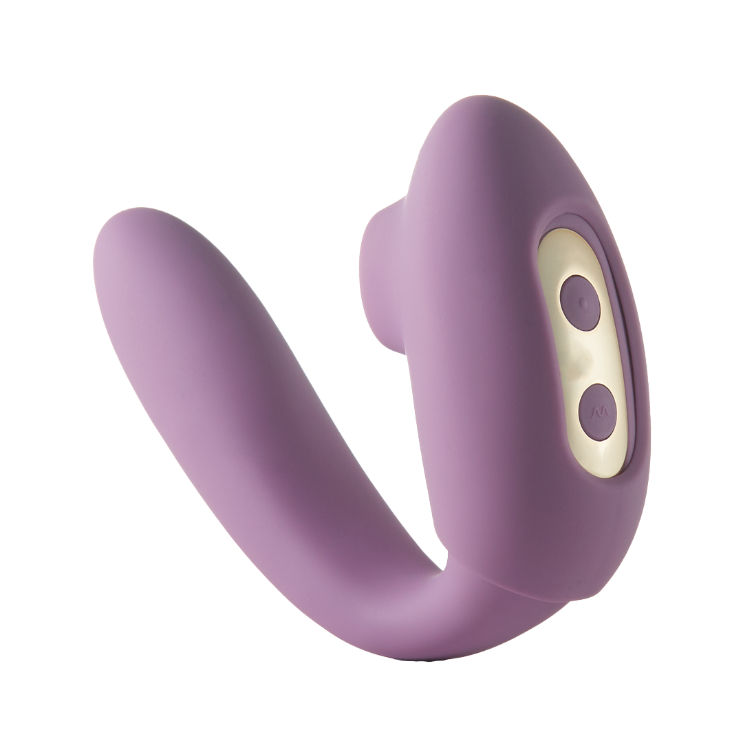 Purple curved silicone massager with oval control buttons, U-shaped design