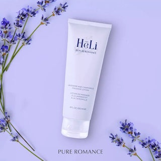 Massage lotion tube by HeLi with lavender & chamomile, front label visible