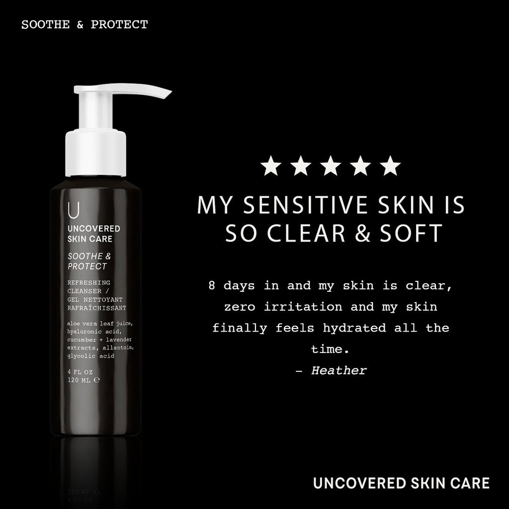 Black pump cleanser bottle with “Soothe & Protect” label.