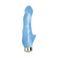Light blue silicone personal massager with curved design and gold-toned base